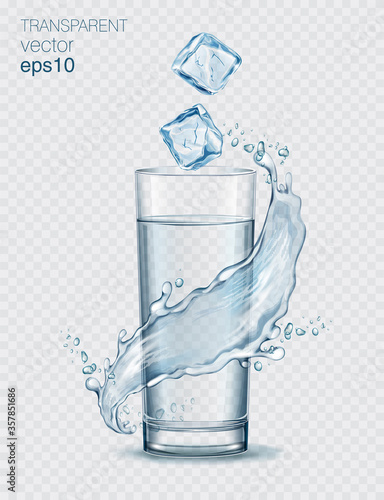 Transparent realistic vector long glass of water with ice cubes and water splash on light background