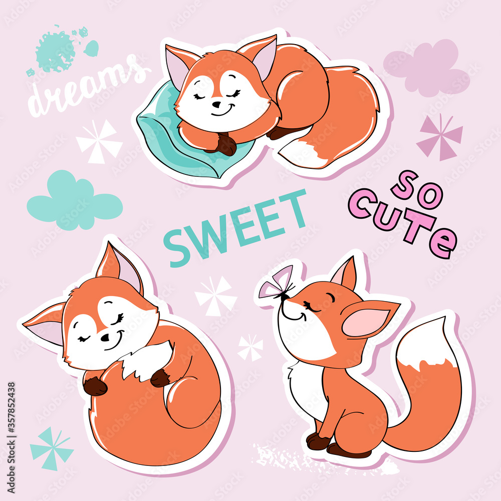 Cute fox collection on pink background. Funny baby animals