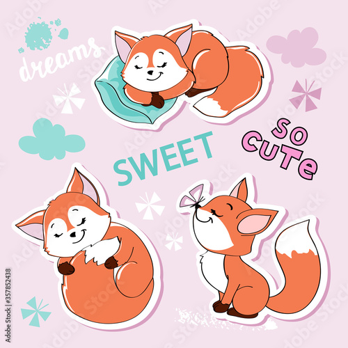 Cute fox collection on pink background. Funny baby animals