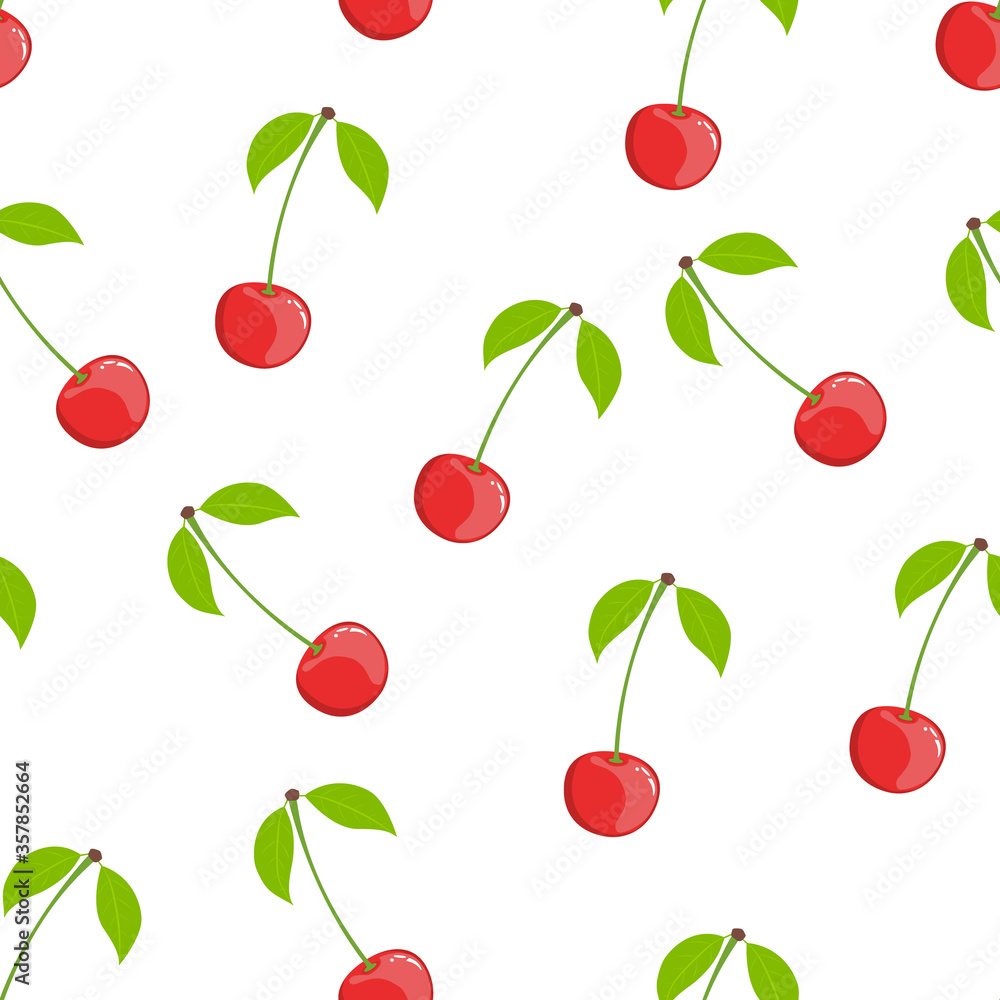 Seamless pattern of cherry berries with leaves and processes on a white background. Seamless pattern of cherry berries with leaves and processes on a white background.