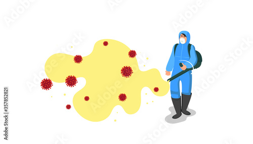 Man in protective suit or clothing spray apparatus with cleaning and disinfection liquid against Covid-19 or Coronavirus