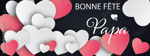 carte ou bandeau sur "bonne fête papa" en blanc avec pleins de coeurs blanc,  rose en dégradé sur un fond noir