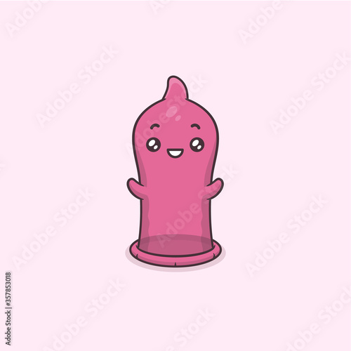 Cute pink cartoon kawaii condom mascot character vector illustration