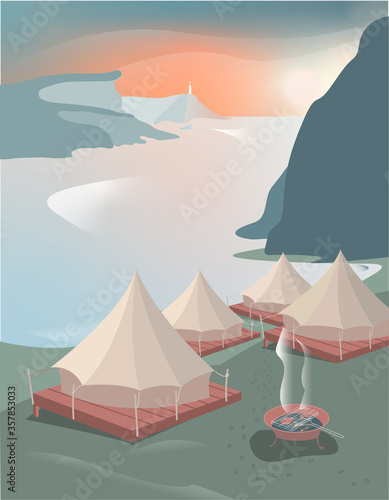 A modern yurt camping nestled in the mountains just few steps from a fjord somewhere in Norway, Iceland or on Faroe Islands, responsible travel concept, vector illustration