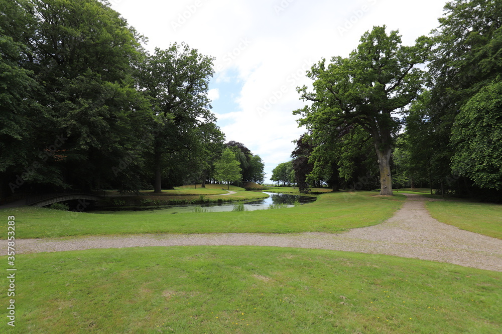 
Beautiful view over a summer park with a pond landscape surrounded by old trees such as chestnut and beech. Photo was taken on a sunny day.