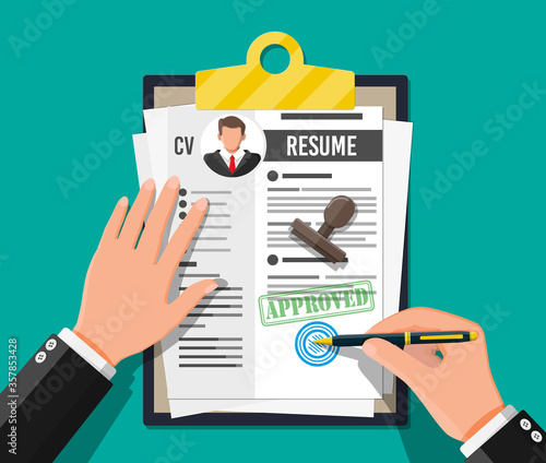 Clipboard with job application and pen. CV papers resume. Job interview. Human resources management concept, searching professional staff, work. Found right resume. Vector illustration in flat style