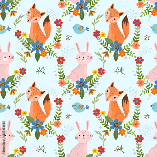 Cute fox and rabbit in flowers garden pattern.