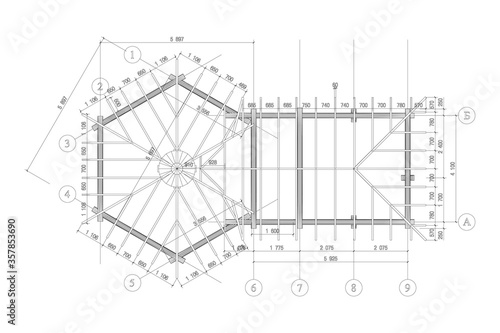 Gazebo frame with bbq grill vector illustration. Detailed architectural plan