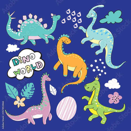 Cute little dinosaur collection on a blue background