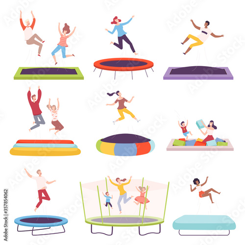 Happy People Jumping on Trampoline, Men, Women and Kids Having Fun Together, Active Healthy Lifestyle, Summer Time Attraction Flat Style Vector Illustration