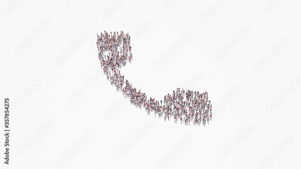 3d rendering of crowd of people in shape of symbol of phone call button on white background isolated