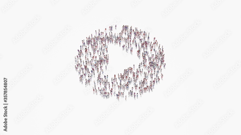 3d rendering of crowd of people in shape of symbol of play button  on white background isolated
