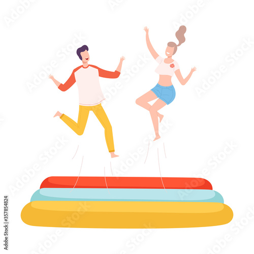 Young Man and Woman Bouncing on Trampoline, Couple Having Fun Together, Active Healthy Lifestyle, Summer Time Attraction Flat Style Vector Illustration