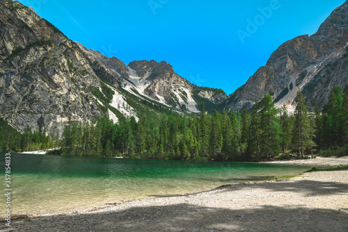 landscape view of lake in mountains. summer sunny day