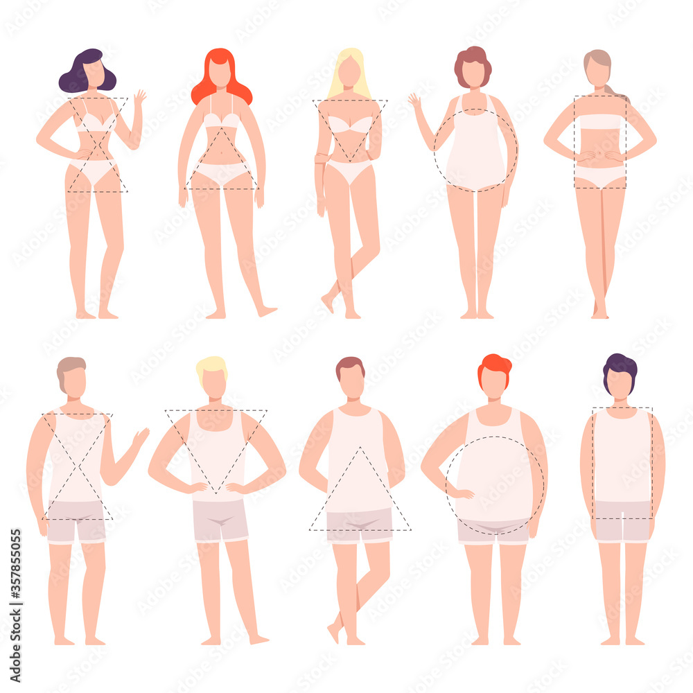 People in White Underwear Set, Five Types of Male and Female Body Shapes,  Hourglass, Inverted Triangle, Round, Rectangle, Triangle Flat Style Vector  Illustration Stock Vector