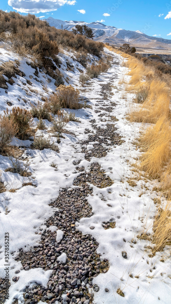 Vertical frame Rocky trail road on a hill overlooking homes in the valley and distant mountain