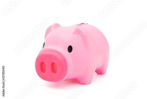 Pink pig piggy toy plastic or for use money coin saving concept isolated on white background with clipping path