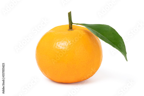 Orange fruit with green leaf isolated on white background with clipping path