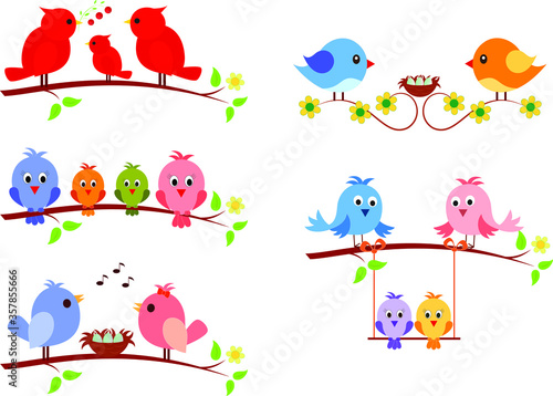 Tree Branches with Birds and Flowers Vector Illustrations , Set of Birds 