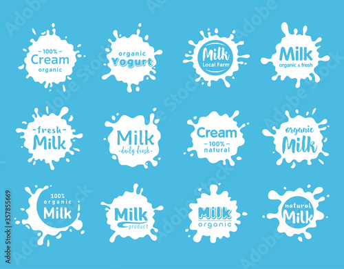 Vector set of dairy and milk product logos, emblem, icon, label with splashes drops and blots. Fresh natural food. Organic Production Package. Design elements for grocery, farm, agriculture store