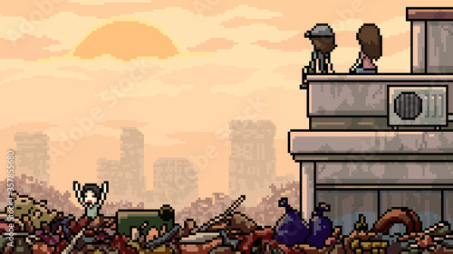vector pixel art scene junk flood city