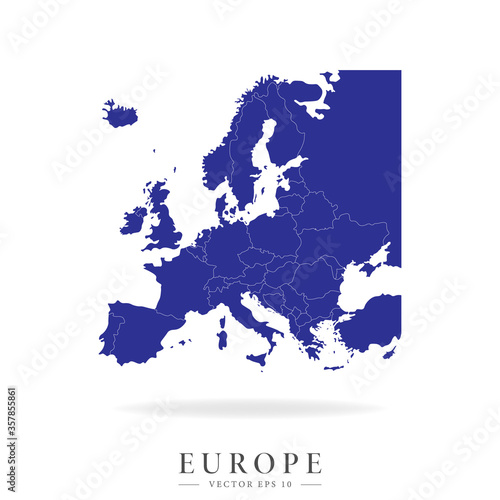 Detailed map of Europe. Countries geographical borders and europe. Vector illustration isolated on a white background.