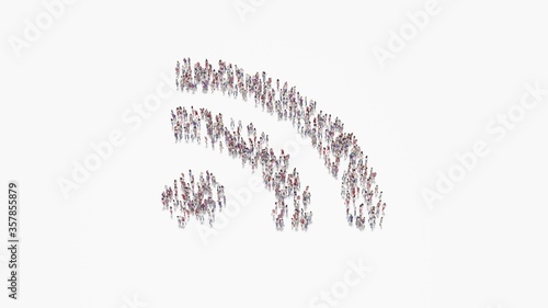3d rendering of crowd of people in shape of symbol of rss on white background isolated
