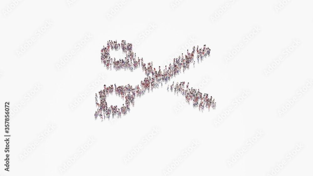3d rendering of crowd of people in shape of symbol of scissors on white background isolated