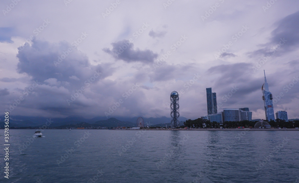 View of the embankment of the city of Batumi from the sea. Panoramic view of the capital of Adjara.