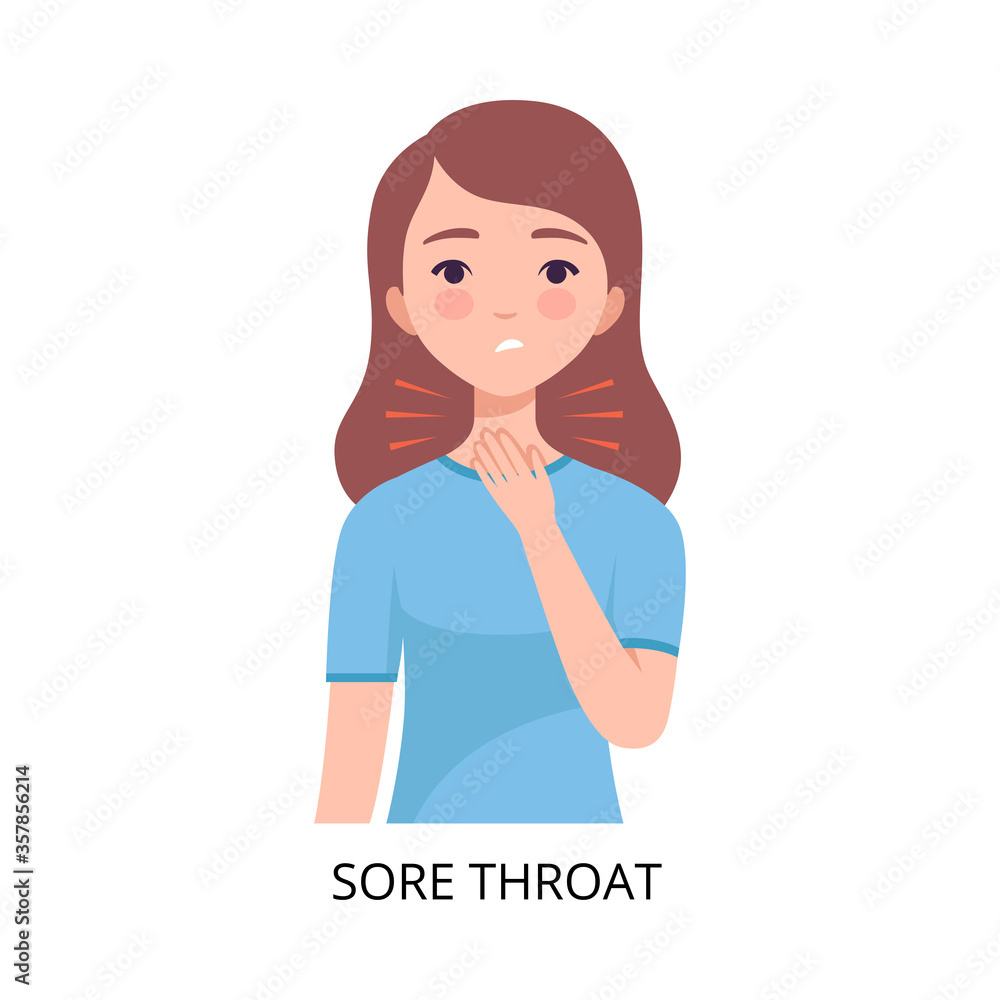 Sore Throat, Girl Suffering from Symptom of Viral Infection, Influenza or Respiratory Illness, Healthcare and Medicine Information about Flu and Virus Prevention Vector Illustration Sore Throat, Girl Suffering from Symptom of Viral Infection, Influenza or Respiratory Illness, Healthcare and Medicine Information about Flu and Virus Prevention Vector Illustration
