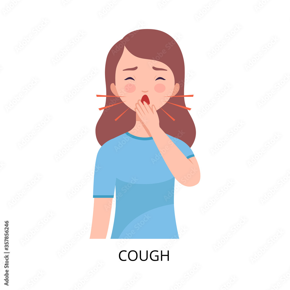 Cough, Girl Suffering from Symptom of Viral Infection, Influenza or Respiratory Illness, Healthcare and Medicine Information about Flu and Virus Prevention Vector Illustration Cough, Girl Suffering from Symptom of Viral Infection, Influenza or Respiratory Illness, Healthcare and Medicine Information about Flu and Virus Prevention Vector Illustration