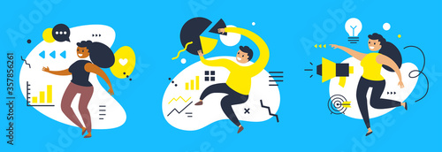 Vector set of creative business illustration of happy successful man and woman with icon on color background. Office financial manager. © wowomnom
