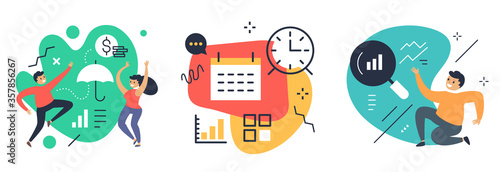 Vector set of creative business illustration of happy people with icon on color background. Office financial manager.