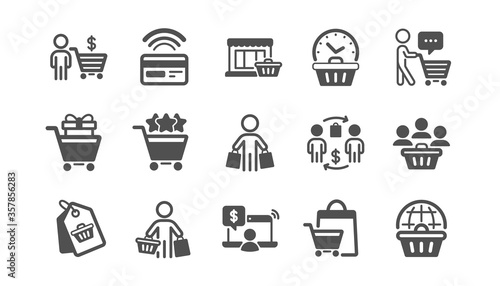 Buyer customer icons set. Group of people, contactless payment and shopping cart. Store, buyer loyalty card, client ranking set icons. Shopping timer, phone payment, currency. Quality set. Vector