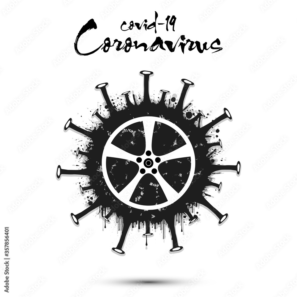 Obraz premium Coronavirus sign with car wheel made of blots. Stop covid-19 outbreak. Caution risk disease 2019-nCoV. Cancellation of sports tournaments due to an outbreak of coronavirus. Vector illustration