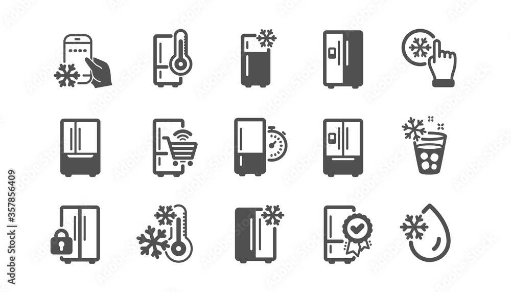 Fridge icons set. Freezer storage, refrigerator, smart fridge machine ...