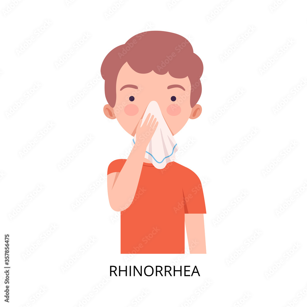 Boy Suffering from Rhinorrhea, Symptom of Viral Infection, Influenza or Respiratory Illness, Healthcare and Medicine Information about Flu and Virus Prevention Flat Vector Illustration Boy Suffering from Rhinorrhea, Symptom of Viral Infection, Influenza or Respiratory Illness, Healthcare and Medicine Information about Flu and Virus Prevention Flat Vector Illustration