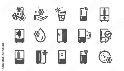 Fridge icons set. Refrigerator, smart fridge machine, freezer storage. Water with ice, cooler box, thermometer icons. Wi-fi remote access, thermostat timer, smart freezer. Quality set. Vector