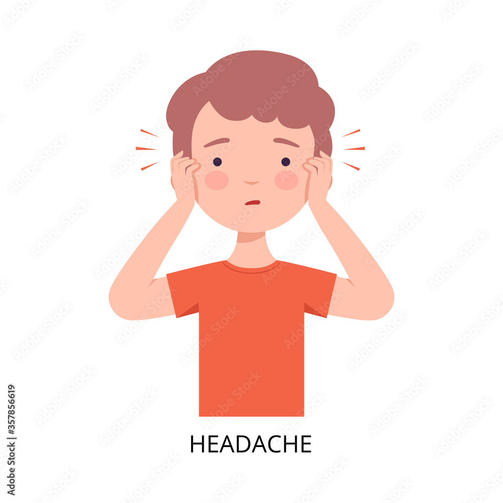 Boy Suffering from Headache, Symptom of Viral Infection, Influenza or Respiratory Illness, Healthcare and Medicine Information about Flu and Virus Prevention Flat Vector Illustration