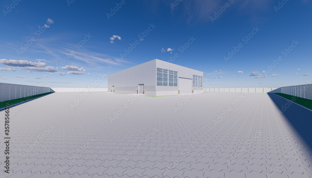 Commercial or industrial facade. That is a property use as factory, warehouse, hangar or workplace. Modern exterior design with roller door and metal wall. Stone brick paving at outdoor. 3d render. Commercial or industrial facade. That is a property use as factory, warehouse, hangar or workplace. Modern exterior design with roller door and metal wall. Stone brick paving at outdoor. 3d render.