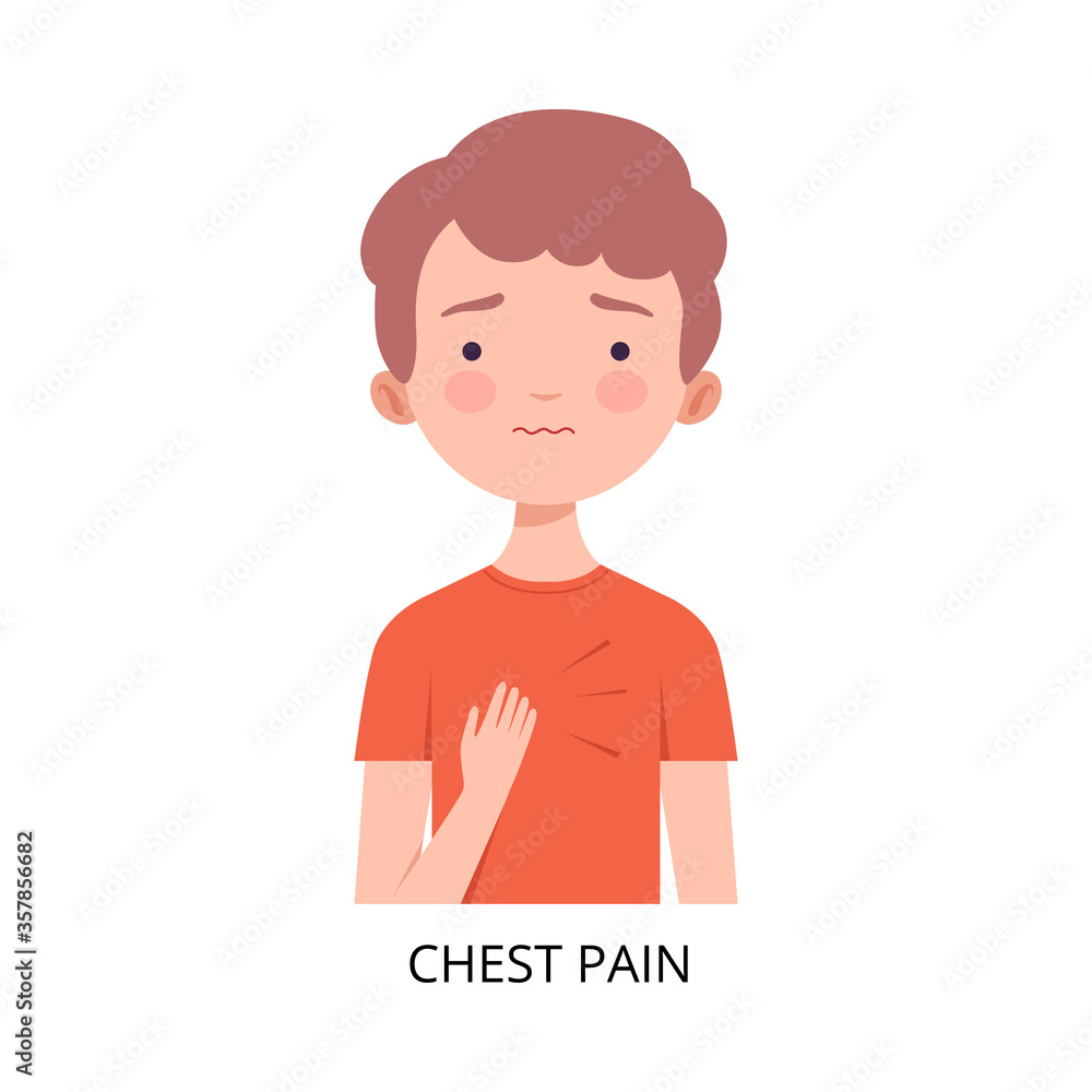 Boy Suffering from Chest Pain, Symptom of Viral Infection, Influenza or Respiratory Illness, Healthcare and Medicine Information about Flu and Virus Prevention Flat Vector Illustration Boy Suffering from Chest Pain, Symptom of Viral Infection, Influenza or Respiratory Illness, Healthcare and Medicine Information about Flu and Virus Prevention Flat Vector Illustration