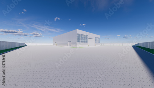 Commercial or industrial facade. That is a property use as factory  warehouse  hangar or workplace. Modern exterior design with roller door and metal wall. Stone brick paving at outdoor. 3d render.