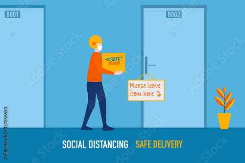 Safe delivery during coronavirus covid-19 epidemic, delivery man leaving the box at a safe distance, wearing mask.