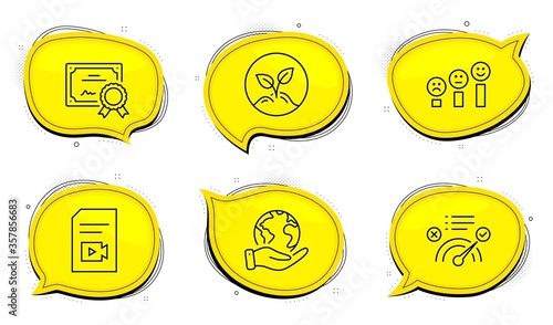 Video file sign. Diploma certificate, save planet chat bubbles. Customer satisfaction, Correct answer and Startup line icons set. Happy smile chart, Approved, Launch project. Vlog page. Vector