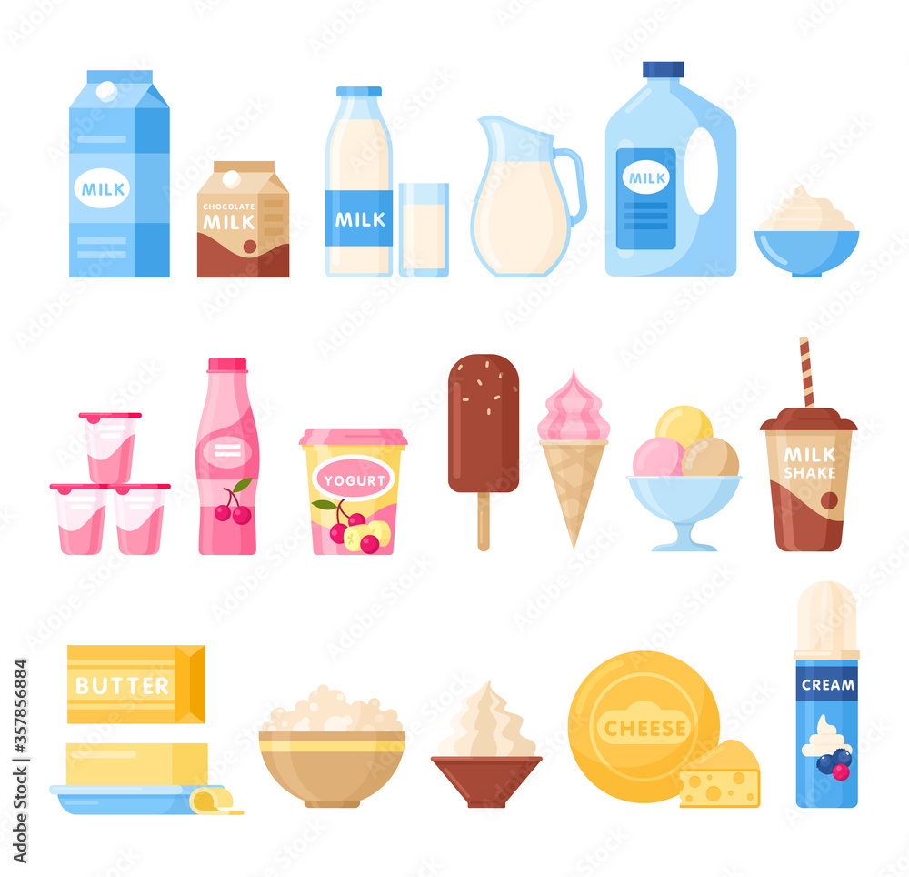 Dairy products. Vector set of milk products with milk, kefir, diet yogurt, ice cream, butter, cheese, cottage cheese, sour cream in flat cartoon style. Fresh organic farm product icons for market. Dairy products. Vector set of milk products with milk, kefir, diet yogurt, ice cream, butter, cheese, cottage cheese, sour cream in flat cartoon style. Fresh organic farm product icons for market.