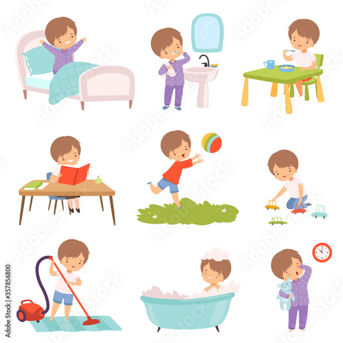 Preschool Kid Daily Routine Activities Set, Cute Boy Waking Up, Brushing Teeth, Eating Breakfast, Reading Book, Playing Toys, Vaccuuming the Floor, Taking Bath Cartoon Vector Illustration