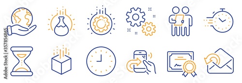 Set of Technology icons, such as Survey, Gear. Certificate, save planet. Augmented reality, Timer, Share call. Work, Clock, Chemistry experiment. Send mail, Time line icons. Vector