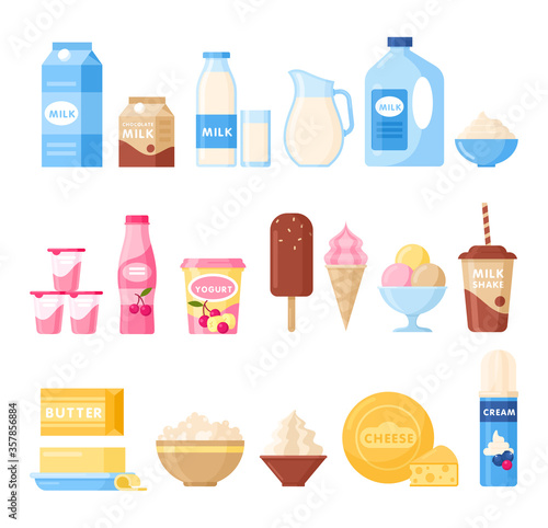Dairy products. Vector set of milk products with milk, kefir, diet yogurt, ice cream, butter, cheese, cottage cheese, sour cream in flat cartoon style. Fresh organic farm product icons for market.