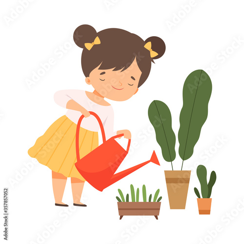 Cute Girl Watering Houseplants, Kids Hobby or Creative Activity Cartoon Vector Illustration