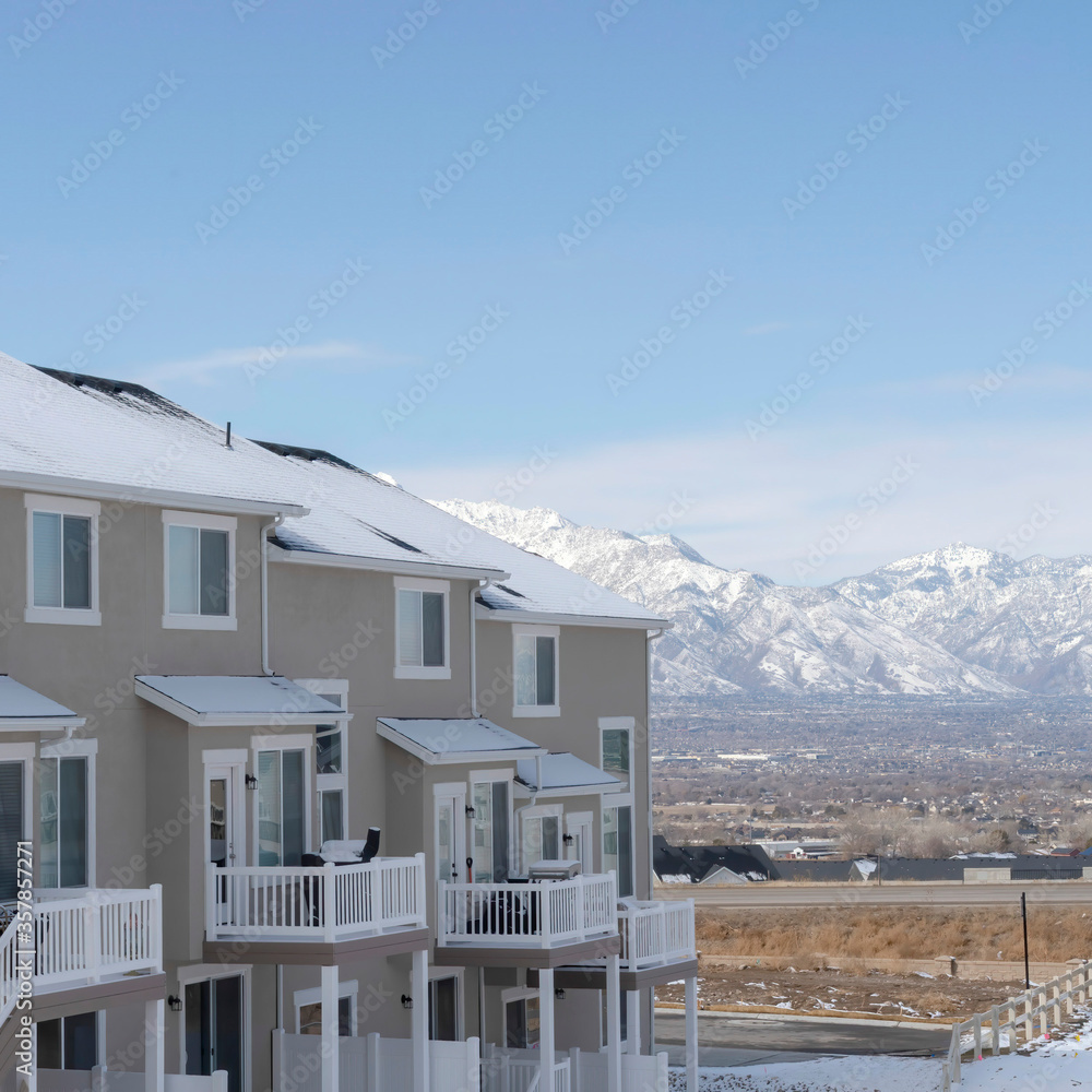 Square South Jordan City Utah residential landscape overlooking snowy Wasatch Mountains